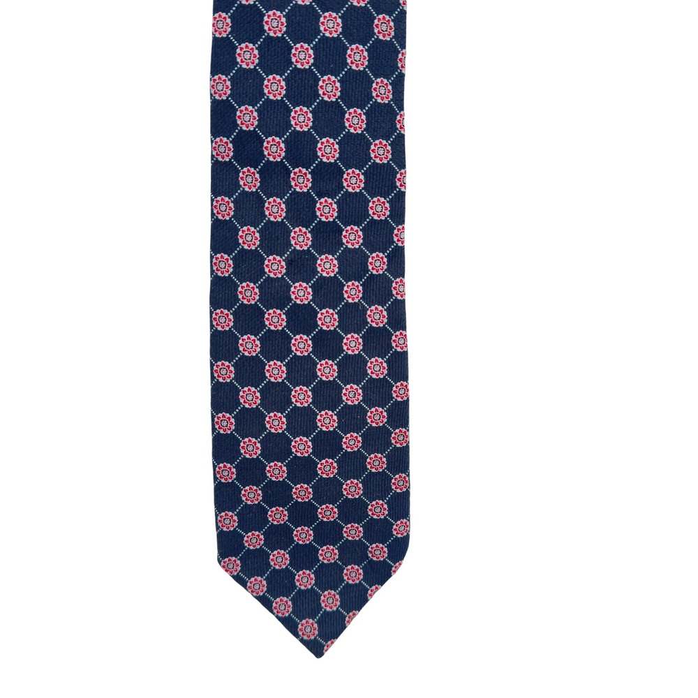 Burberry London Mens Silk Tie Navy Blue Red Floral Medallion Geometric Italy